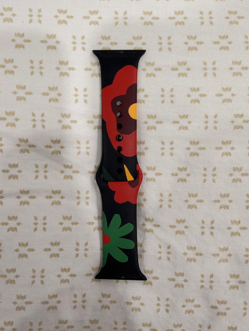 Floral Print Black Silicone Watch Band with Red and Green Accents